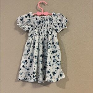 Smocked Puff Sleeve Kids Dress in White with Navy Floral
